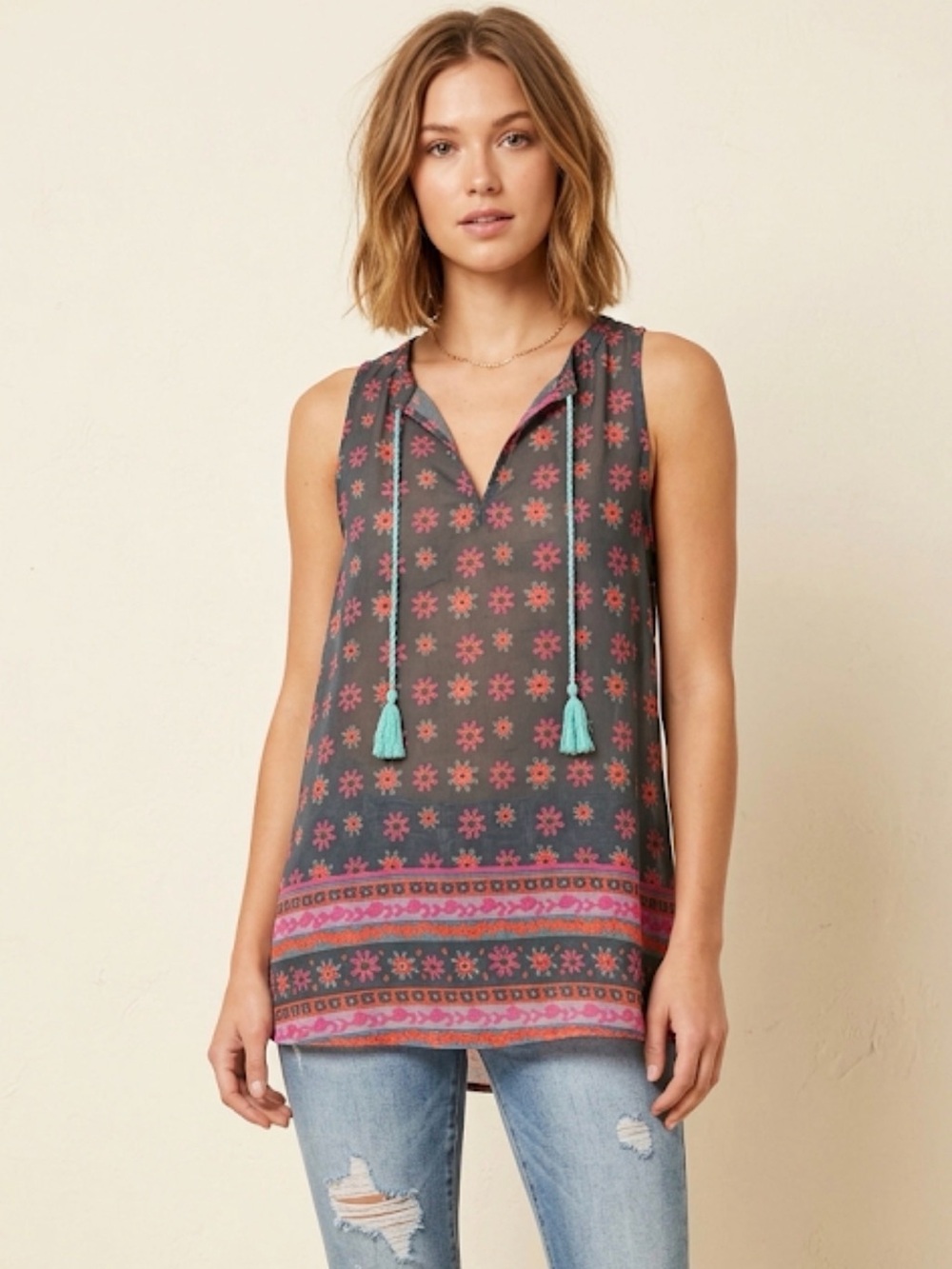 Live happy Sea Gypsy Floral Sleeveless Tunic in blue and Pink size small NWOT